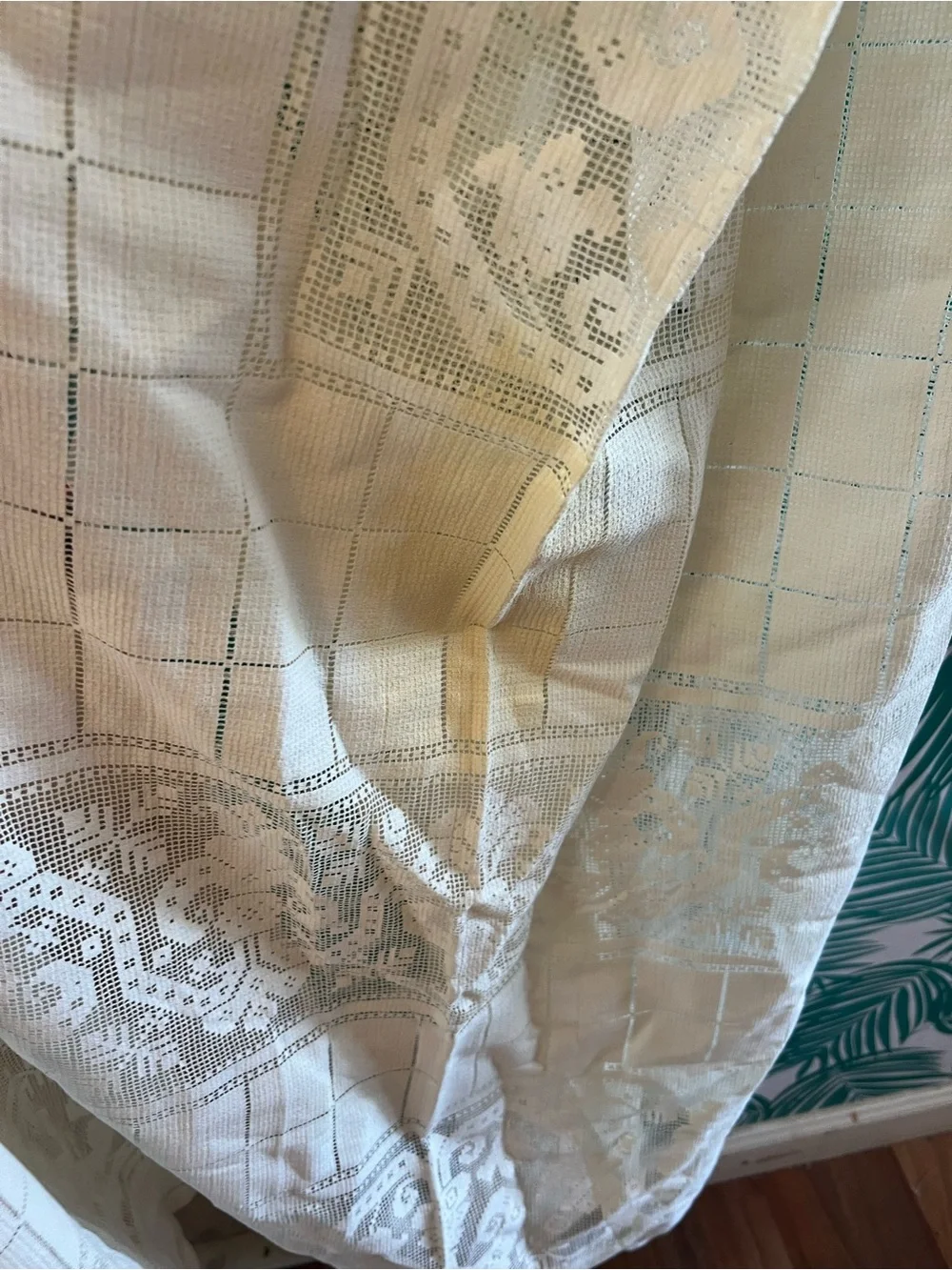 Vintage cream textile filet lace table cloth 75” x 63”
